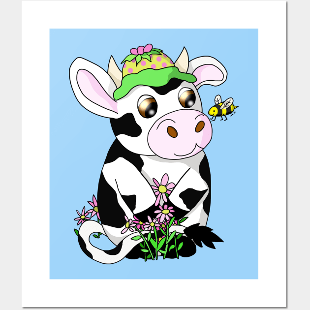 kawaii cow with a bee Wall Art by cuisinecat